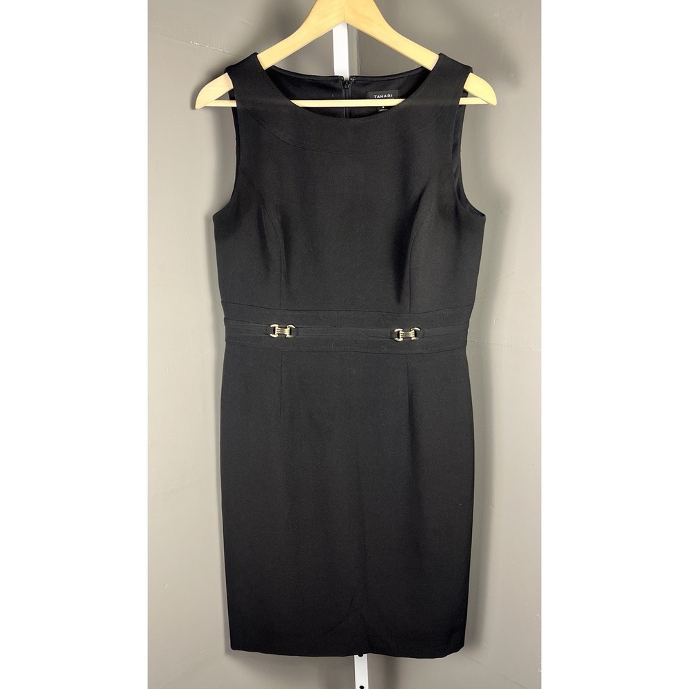 Tahari Arthur S. Levine Sleeveless Sheath Dress in Black SZ 8 Gold Hardware